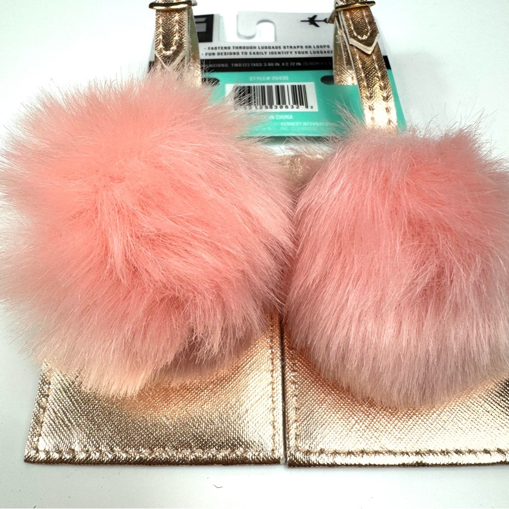 luggage tags with pink faux furry pom-poms and metallic gold accents - G Force